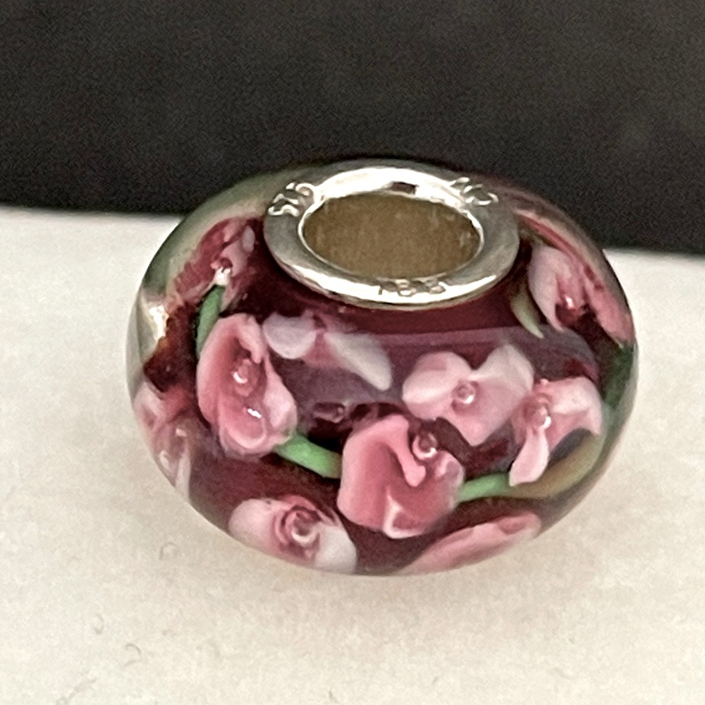 Handblown Murano Glass Pink Flower Design Charm 925 Sterling Silver For Bracelet